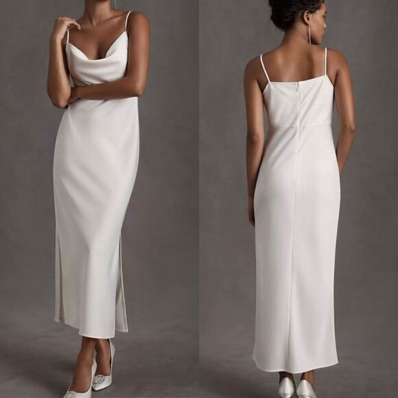 BHLDN Cali Satin Cowl-Neck MIDI Slip Dress in Ivory - Picture 1 of 8